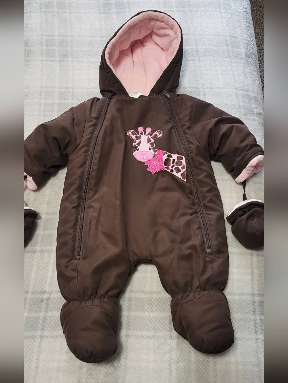 Brown & Pink Giraffe Applique Baby One-Piece Snowsuit 0-3 Months
